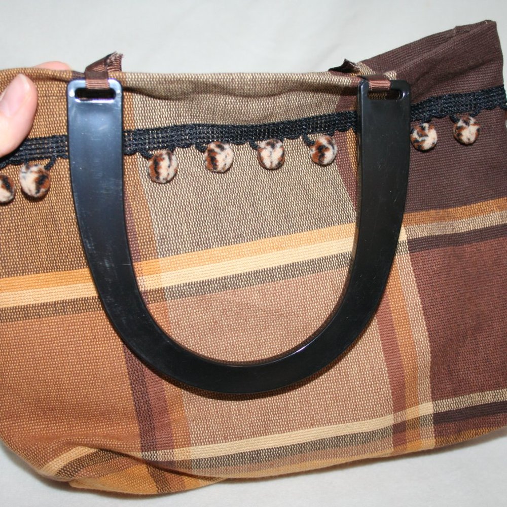 NWOT POM POM PURSE AUTUMN PLAID CANVAS TOASTED BROWN SMALL TOTE BAG CARRYALL - Picture 10 of 15